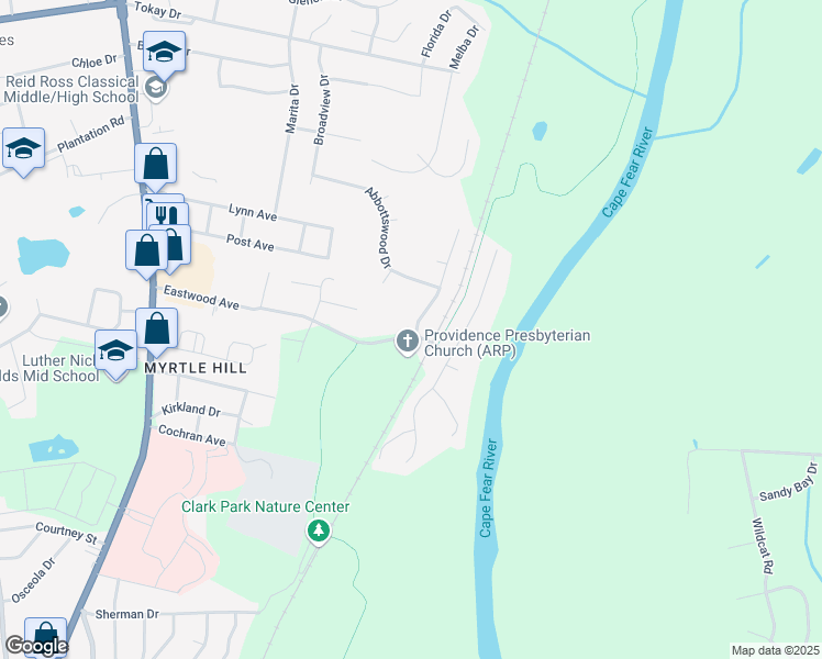 map of restaurants, bars, coffee shops, grocery stores, and more near 2811 Copenhagen Drive in Fayetteville