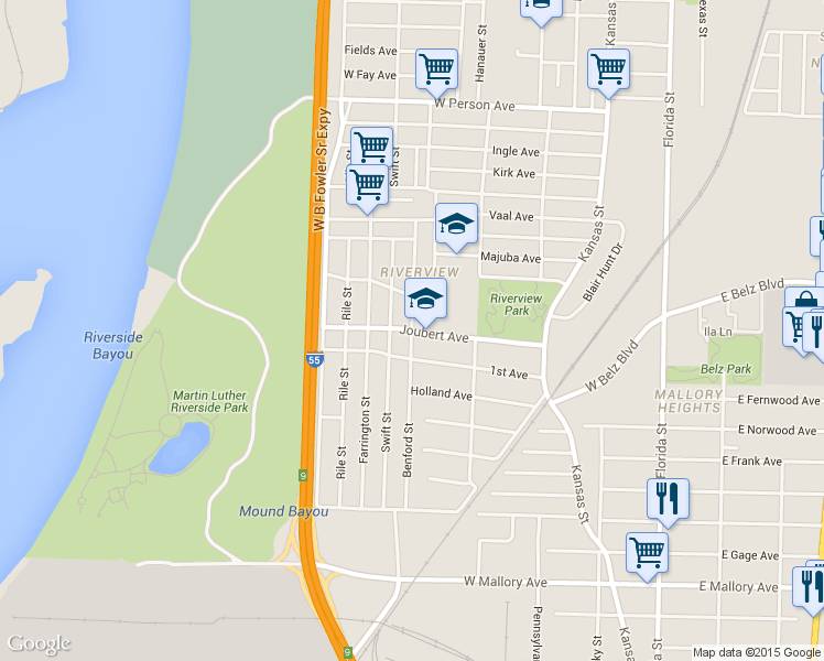 map of restaurants, bars, coffee shops, grocery stores, and more near Benford Street in Memphis