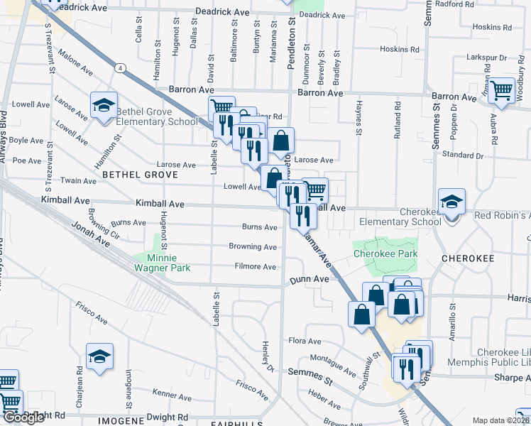 map of restaurants, bars, coffee shops, grocery stores, and more near 2741 Kimball Avenue in Memphis