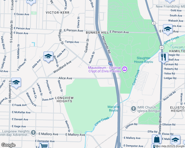 map of restaurants, bars, coffee shops, grocery stores, and more near 1899 Marjorie Street in Memphis