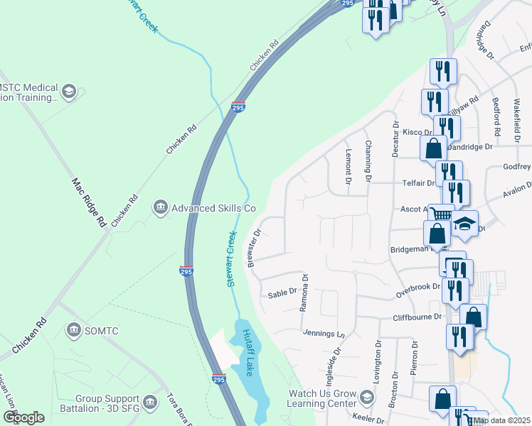 map of restaurants, bars, coffee shops, grocery stores, and more near 7614 Decatur Drive in Fayetteville