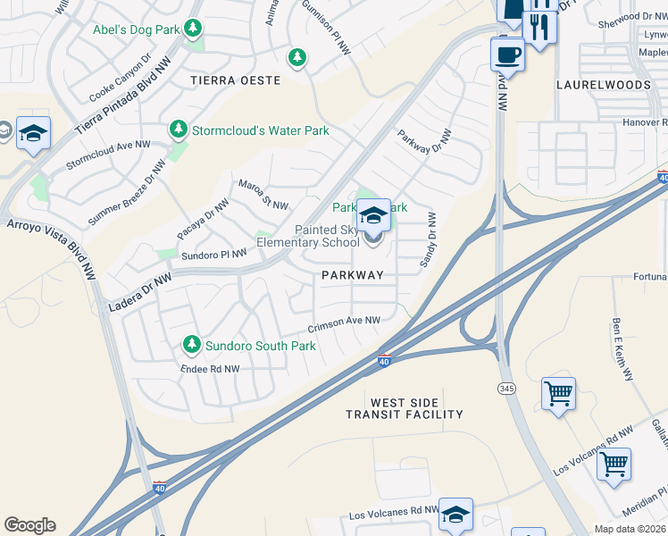 map of restaurants, bars, coffee shops, grocery stores, and more near 8412 Cedarcroft Road Northwest in Albuquerque