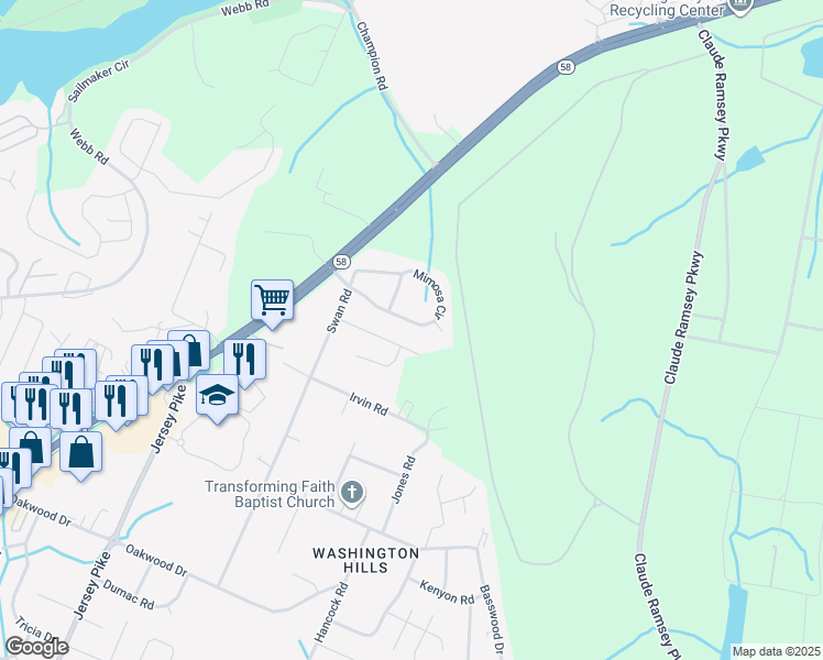 map of restaurants, bars, coffee shops, grocery stores, and more near 5036 Mimosa Circle in Chattanooga