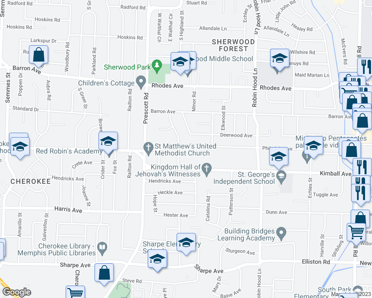 map of restaurants, bars, coffee shops, grocery stores, and more near 3511 Philsdale Avenue in Memphis