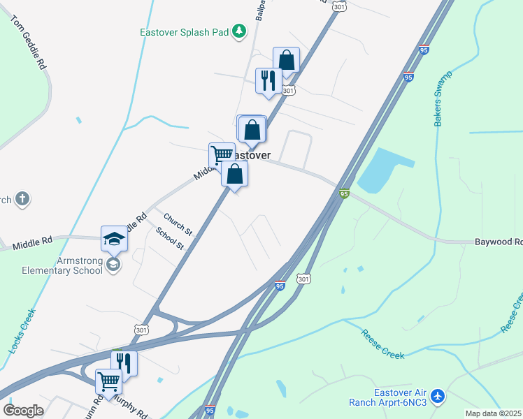 map of restaurants, bars, coffee shops, grocery stores, and more near 2341 Crosshill Street in Eastover