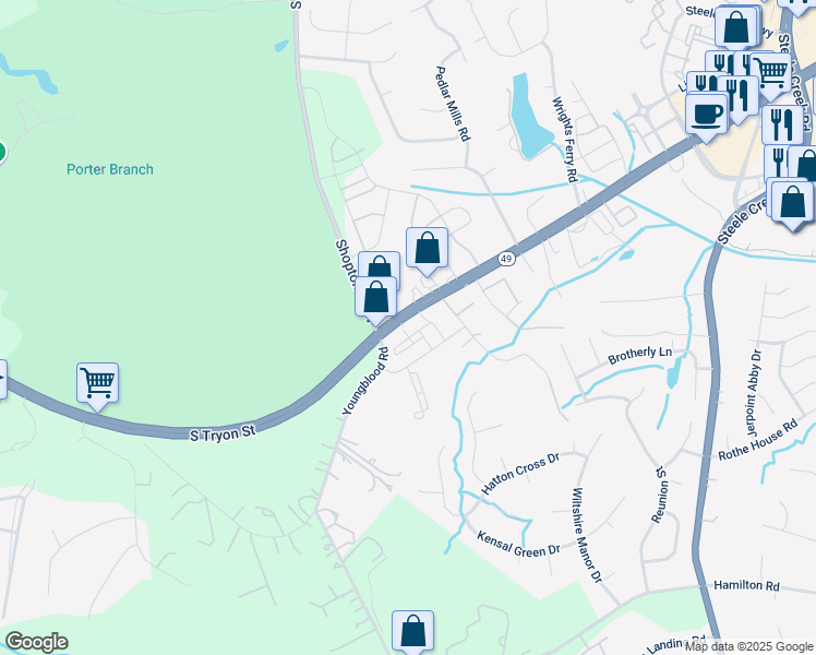 map of restaurants, bars, coffee shops, grocery stores, and more near 14001 South Tryon Street in Charlotte