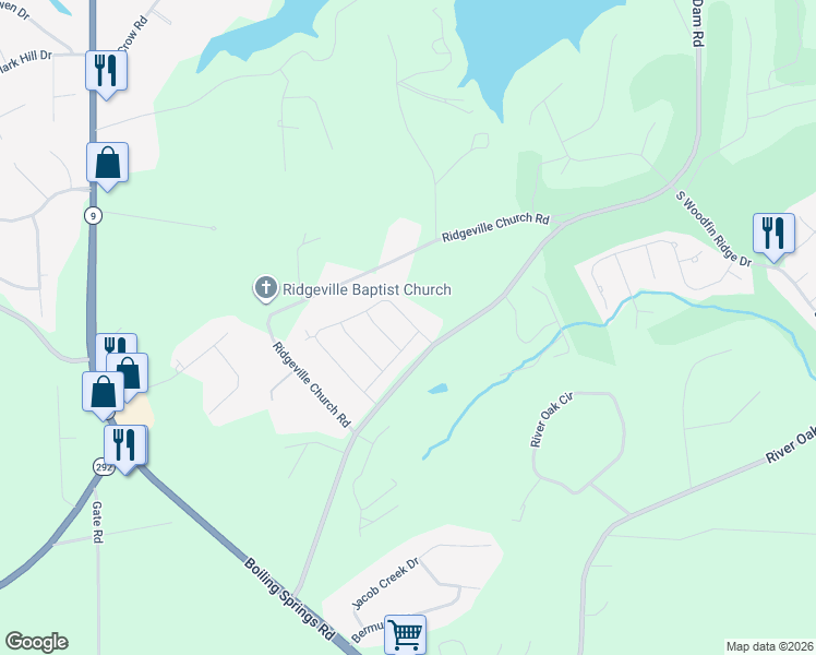 map of restaurants, bars, coffee shops, grocery stores, and more near 542 Ridgeville Crossing Drive in Inman