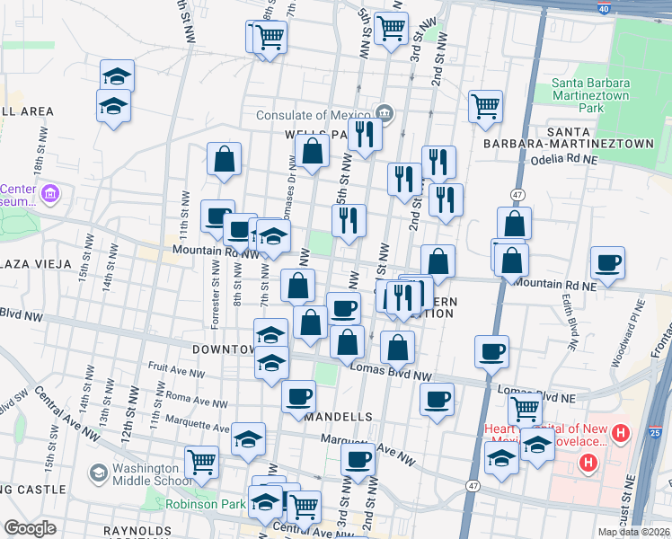 map of restaurants, bars, coffee shops, grocery stores, and more near 1109 4th Street Northwest in Albuquerque