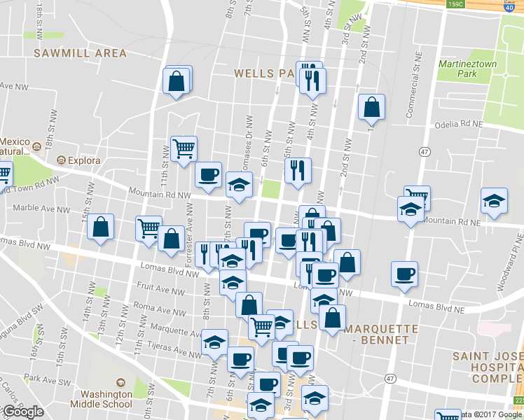 map of restaurants, bars, coffee shops, grocery stores, and more near 591 Mountain Road Northwest in Albuquerque