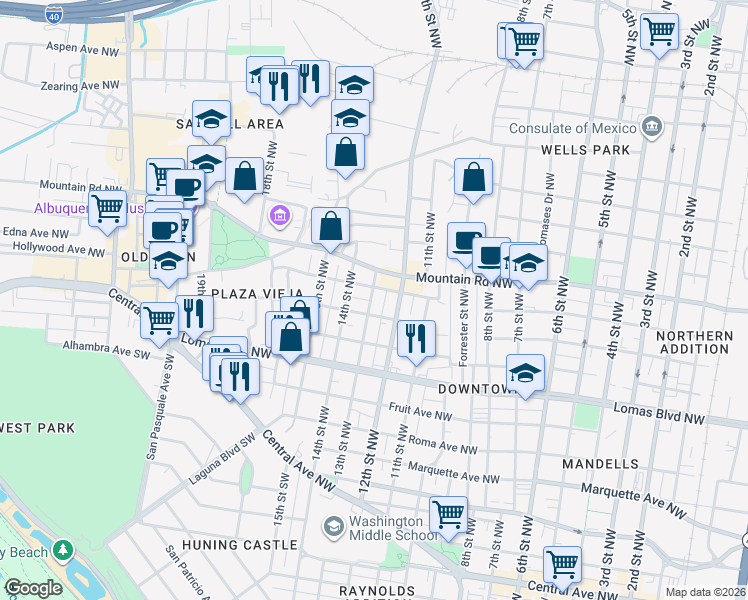 map of restaurants, bars, coffee shops, grocery stores, and more near 1322 Mountain Road Northwest in Albuquerque