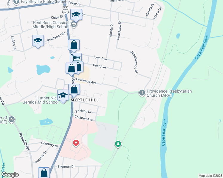 map of restaurants, bars, coffee shops, grocery stores, and more near 259 Eastwood Avenue in Fayetteville