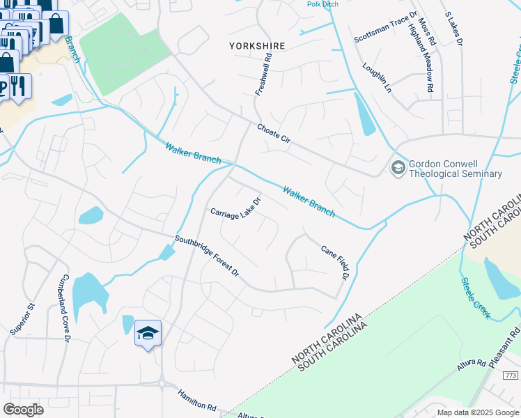 map of restaurants, bars, coffee shops, grocery stores, and more near 14133 Walkers Crossing Drive in Charlotte