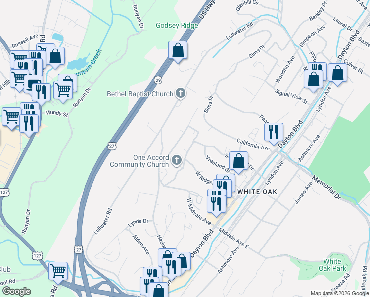 map of restaurants, bars, coffee shops, grocery stores, and more near 126 Hendricks Boulevard in Chattanooga