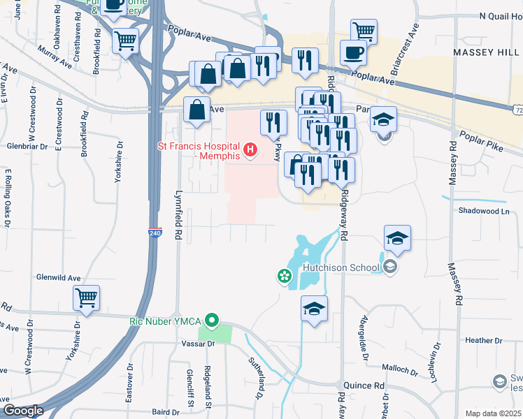 map of restaurants, bars, coffee shops, grocery stores, and more near 1301 Primacy Parkway in Memphis