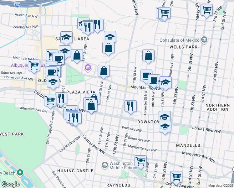 map of restaurants, bars, coffee shops, grocery stores, and more near 1322 Mountain Road Northwest in Albuquerque