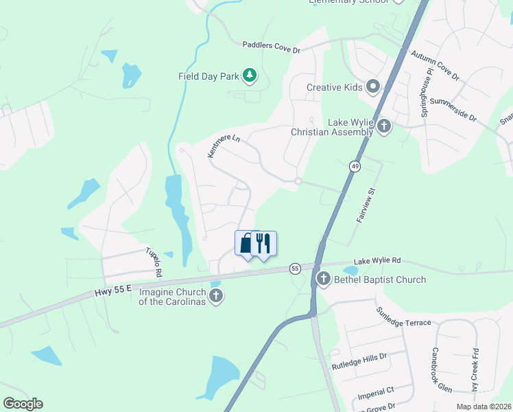 map of restaurants, bars, coffee shops, grocery stores, and more near 301 Kentmere Lane in Lake Wylie