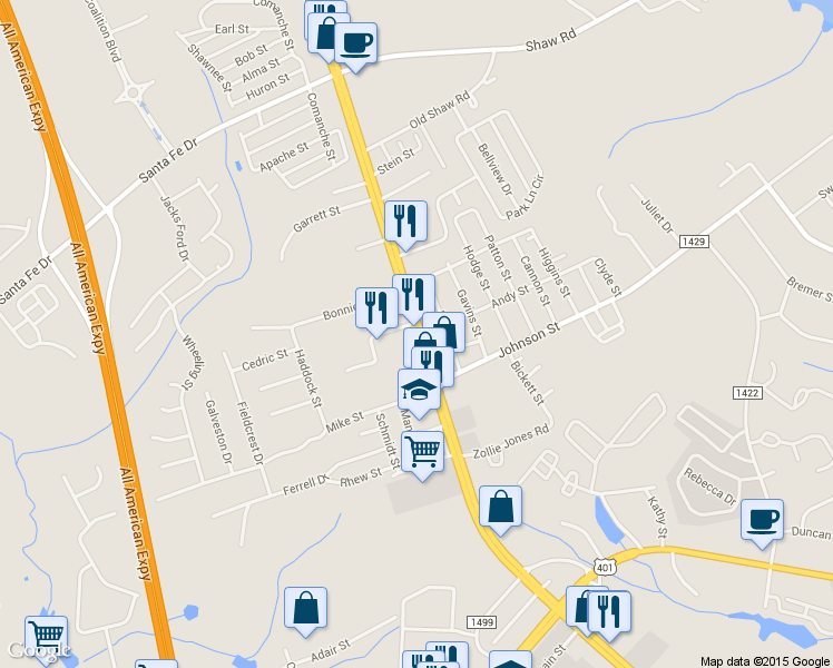 map of restaurants, bars, coffee shops, grocery stores, and more near 5149 Bragg Blvd in Fayetteville