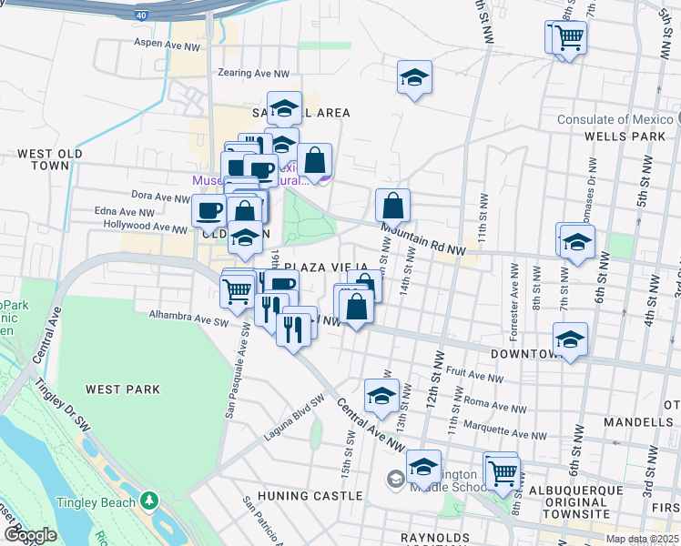 map of restaurants, bars, coffee shops, grocery stores, and more near Marble Ave NW & 17th St NW in Albuquerque