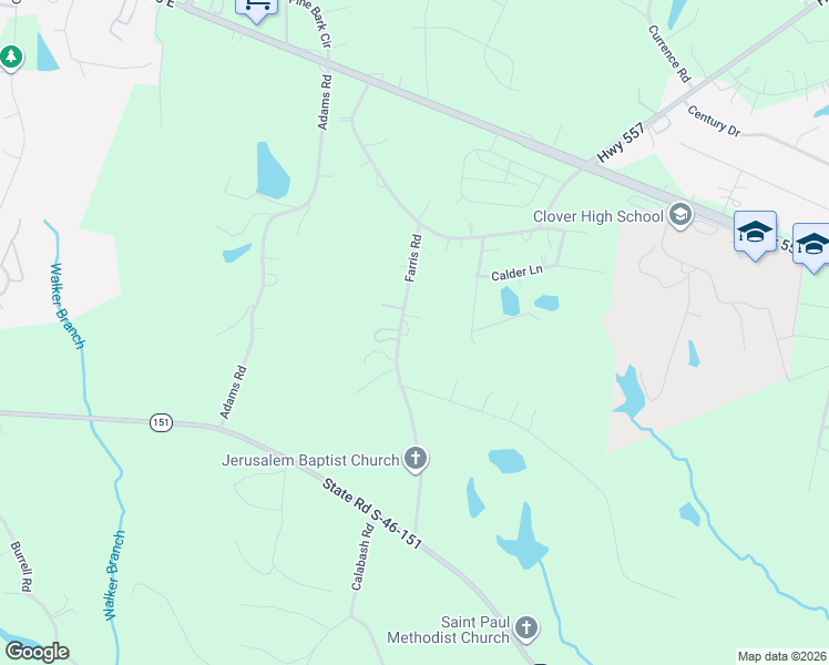 map of restaurants, bars, coffee shops, grocery stores, and more near 250 Farris Road in Clover