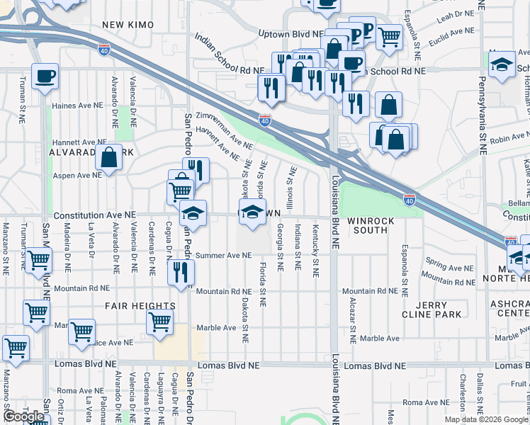 map of restaurants, bars, coffee shops, grocery stores, and more near in Albuquerque