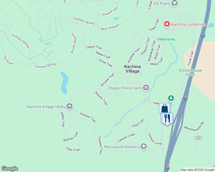 map of restaurants, bars, coffee shops, grocery stores, and more near 564 Ancient Trail in Flagstaff