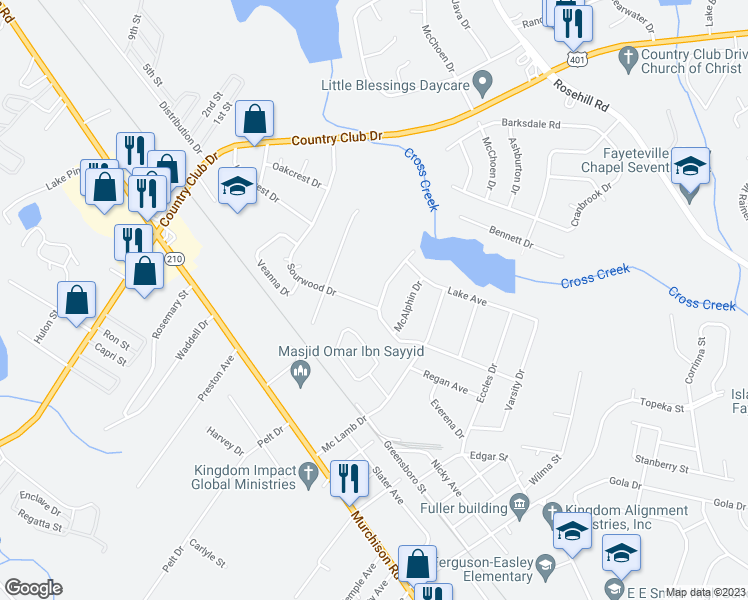 map of restaurants, bars, coffee shops, grocery stores, and more near 2523 Vestal Avenue in Fayetteville