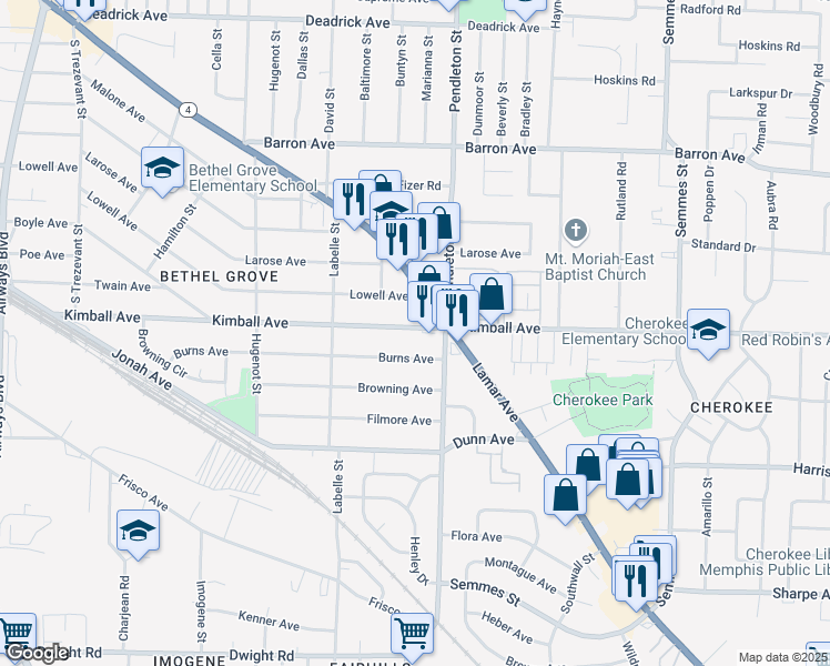 map of restaurants, bars, coffee shops, grocery stores, and more near 2743 Kimball Avenue in Memphis