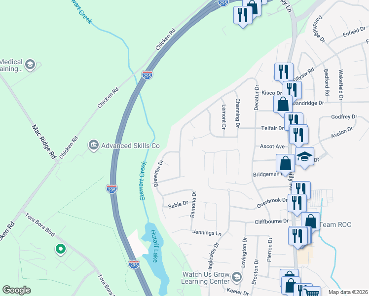 map of restaurants, bars, coffee shops, grocery stores, and more near 7613 Decatur Drive in Fayetteville