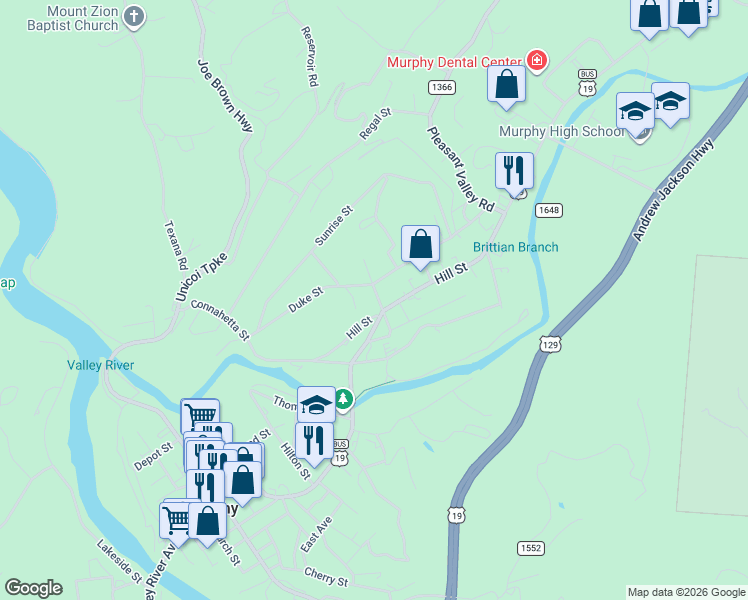 map of restaurants, bars, coffee shops, grocery stores, and more near 902 Valley River Avenue in Murphy