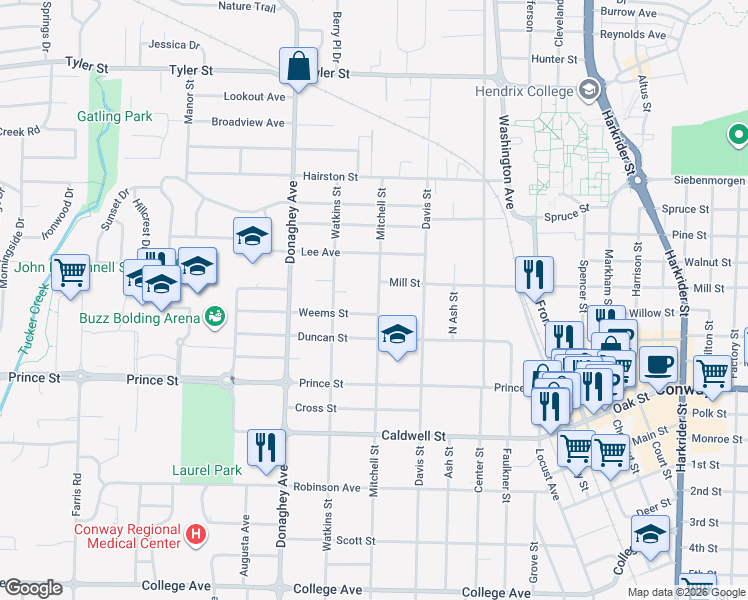 map of restaurants, bars, coffee shops, grocery stores, and more near 1157 Mitchell Street in Conway