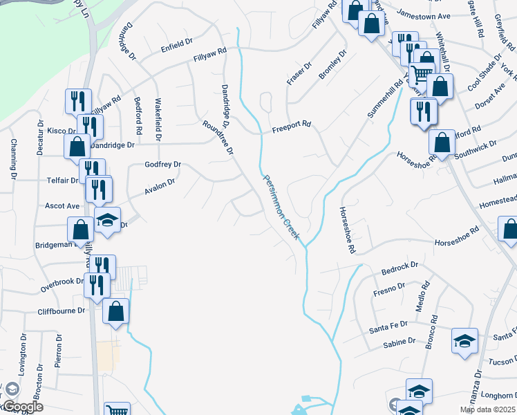 map of restaurants, bars, coffee shops, grocery stores, and more near 431 Roundtree Dr in Fayetteville
