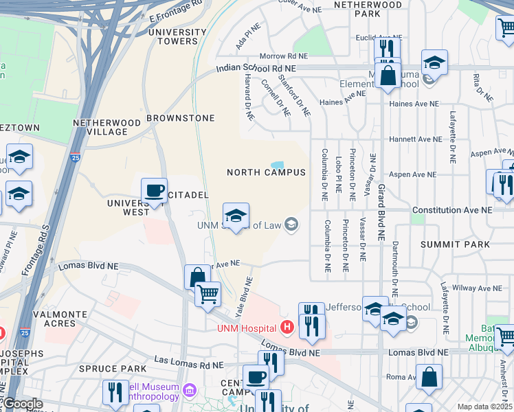 map of restaurants, bars, coffee shops, grocery stores, and more near 1920 Yale Boulevard in Albuquerque