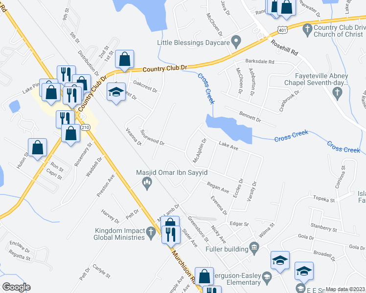 map of restaurants, bars, coffee shops, grocery stores, and more near 2523 Vestal Avenue in Fayetteville