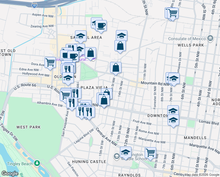 map of restaurants, bars, coffee shops, grocery stores, and more near 710 16th Street Northwest in Albuquerque