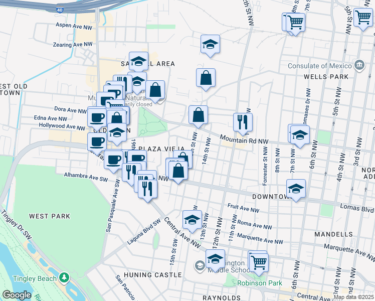 map of restaurants, bars, coffee shops, grocery stores, and more near 710 16th Street Northwest in Albuquerque