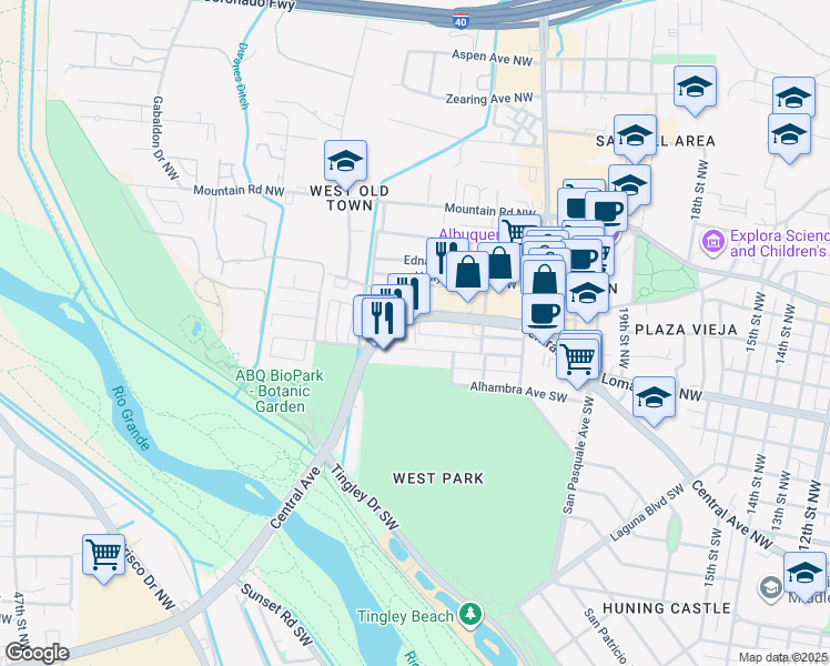 map of restaurants, bars, coffee shops, grocery stores, and more near 2401 Central Avenue Northwest in Albuquerque