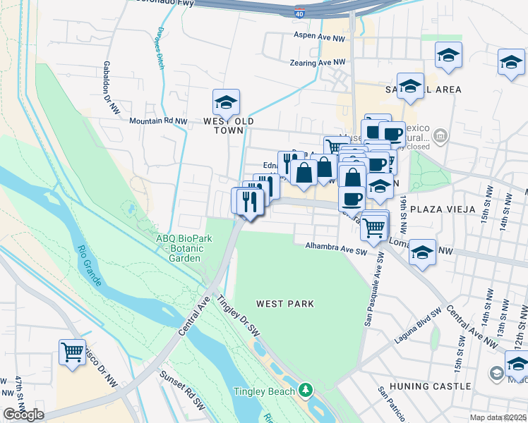 map of restaurants, bars, coffee shops, grocery stores, and more near 2401 Central Avenue Northwest in Albuquerque