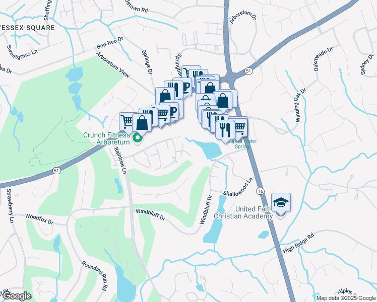 map of restaurants, bars, coffee shops, grocery stores, and more near 3529 Shore Lane in Charlotte