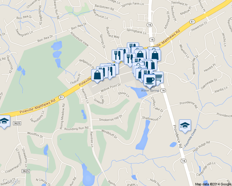 map of restaurants, bars, coffee shops, grocery stores, and more near 3609 Willow Point Drive in Charlotte