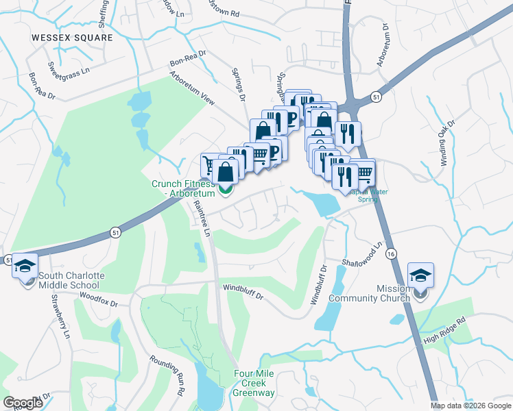 map of restaurants, bars, coffee shops, grocery stores, and more near 3609 Willow Point Drive in Charlotte