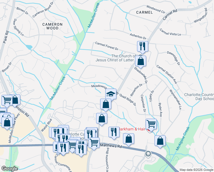 map of restaurants, bars, coffee shops, grocery stores, and more near 5927 Winburn Lane in Charlotte
