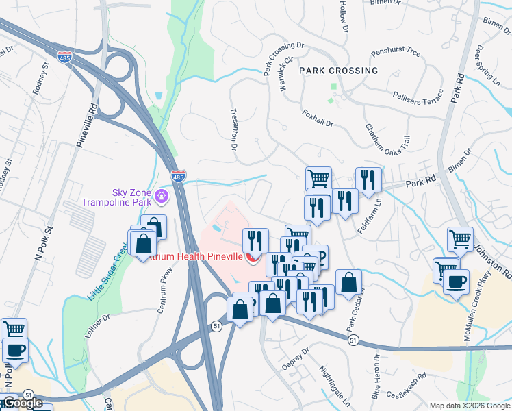 map of restaurants, bars, coffee shops, grocery stores, and more near 10211 Willow Bend Circle in Charlotte