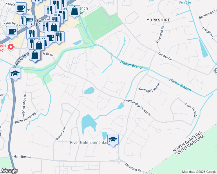 map of restaurants, bars, coffee shops, grocery stores, and more near 13446 Lovell House Drive in Charlotte