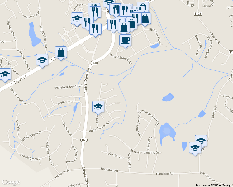 map of restaurants, bars, coffee shops, grocery stores, and more near 12803 Slade Castle Court in Charlotte