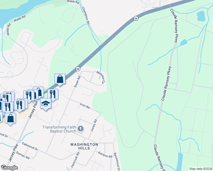 map of restaurants, bars, coffee shops, grocery stores, and more near 5108 Mimosa Circle in Chattanooga