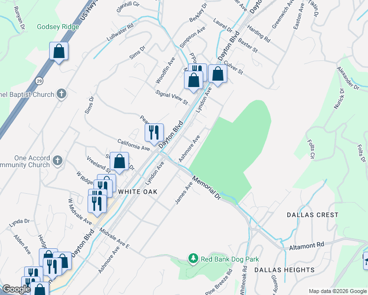 map of restaurants, bars, coffee shops, grocery stores, and more near 2320 Lyndon Avenue in Chattanooga