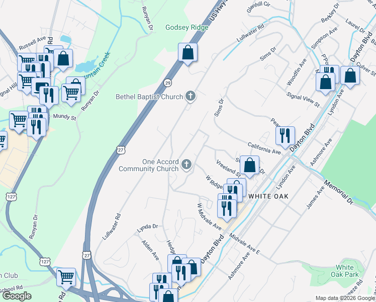 map of restaurants, bars, coffee shops, grocery stores, and more near 126 Hendricks Boulevard in Chattanooga