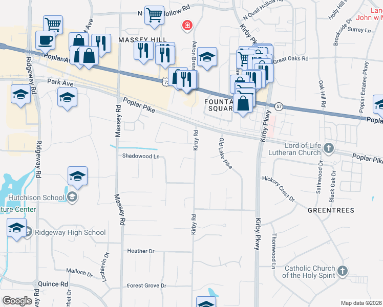 map of restaurants, bars, coffee shops, grocery stores, and more near 6521 South Oak Shadows Circle in Memphis