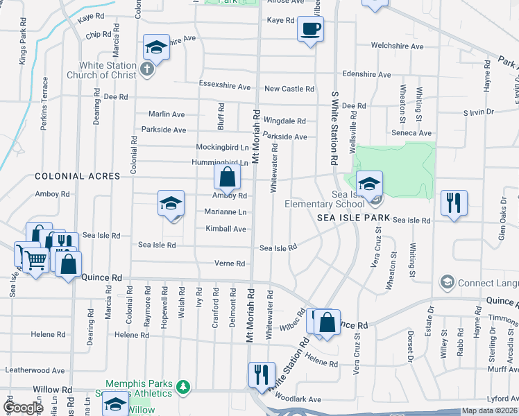 map of restaurants, bars, coffee shops, grocery stores, and more near 1327 Whitewater Road in Memphis