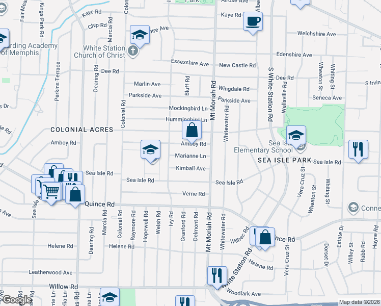 map of restaurants, bars, coffee shops, grocery stores, and more near 4915 Amboy Road in Memphis